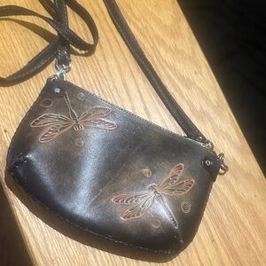 Artisan Edgest Leather Crossbody Bag with Dragonfly Motif